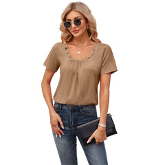 Women's Short-sleeved T-shirt Summer Button Square Collar Pleated Design Solid Color Loose T-shirt Womens Clothing - Fashionner