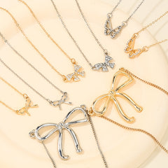 Sweet Light Luxury Metal Diamond Bow Necklace For Women - Fashionner