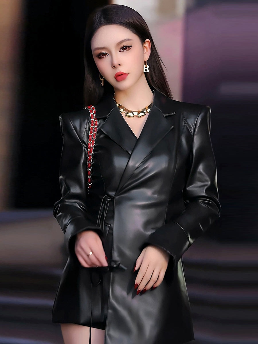 Black PU Leather Suit Jacket For Women - Fashionner