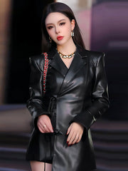 Black PU Leather Suit Jacket For Women - Fashionner