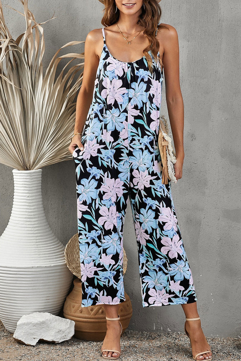 Flowers Print Suspender Jumpsuit With Pockets Spring Summer Fashion Round-neck Overalls For Womens Clothing - Fashionner
