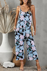 Flowers Print Suspender Jumpsuit With Pockets Spring Summer Fashion Round-neck Overalls For Womens Clothing - Fashionner