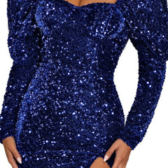 Sequin Backless Padded Shoulder Bubble Sleeve Party Dresses For Women - Fashionner