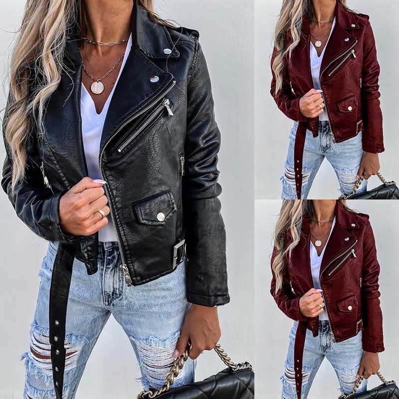 Jacket Top PU Leather Coat Short Zipper - Fashionner