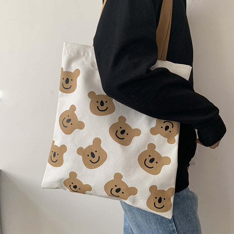 New Canvas Shoulder Shopper Bag for Women Girl Cartoon Bear White Female Handbags Cloth Shopping Bags Ladies Tote Beach Bag - Fashionner