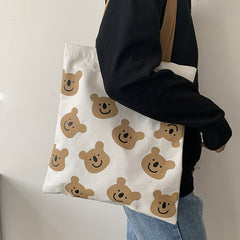 New Canvas Shoulder Shopper Bag for Women Girl Cartoon Bear White Female Handbags Cloth Shopping Bags Ladies Tote Beach Bag - Fashionner