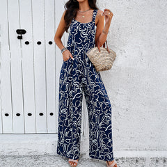 Fashion Print Square Neck Jumpsuit With Pockets Spring Summer Casual Loose Overalls Womens Clothing - Fashionner