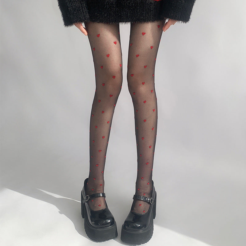 Red Small Love Stockings Ultra-thin Transparent Black Silk Polka Dot Pantyhose Anti-snagging - Fashionner