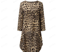 Leopard Print Long Sleeve Irregular Dress Women's Clothing - Fashionner