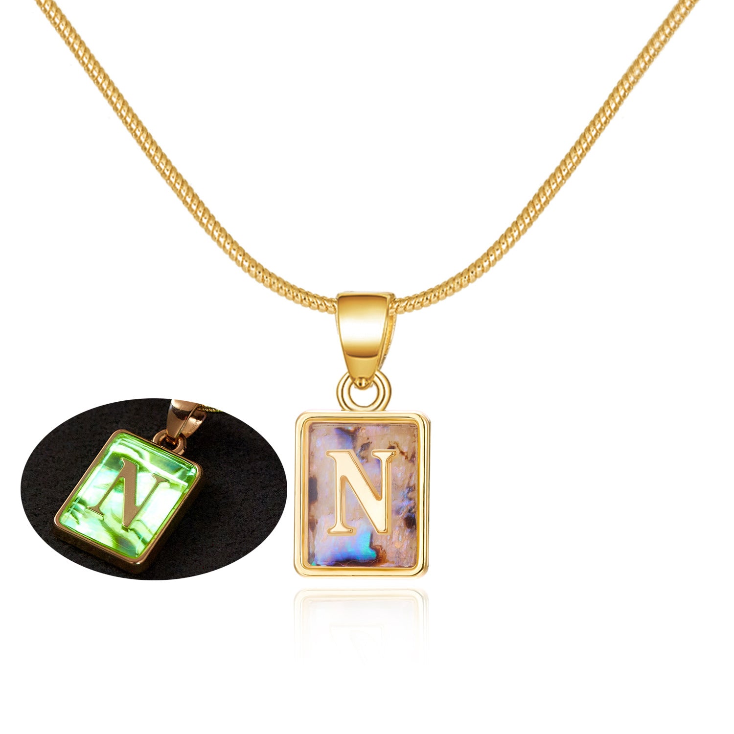 26 Letter Square Necklace Colorful Shell Luminous Pendant Chain Necklace For Women Temperament Ladies Jewelry - Fashionner
