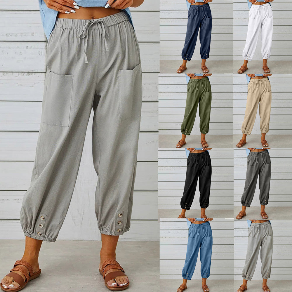 Women Drawstring Tie Pants Spring Summer Cotton And Linen Trousers With Pockets Button - Fashionner