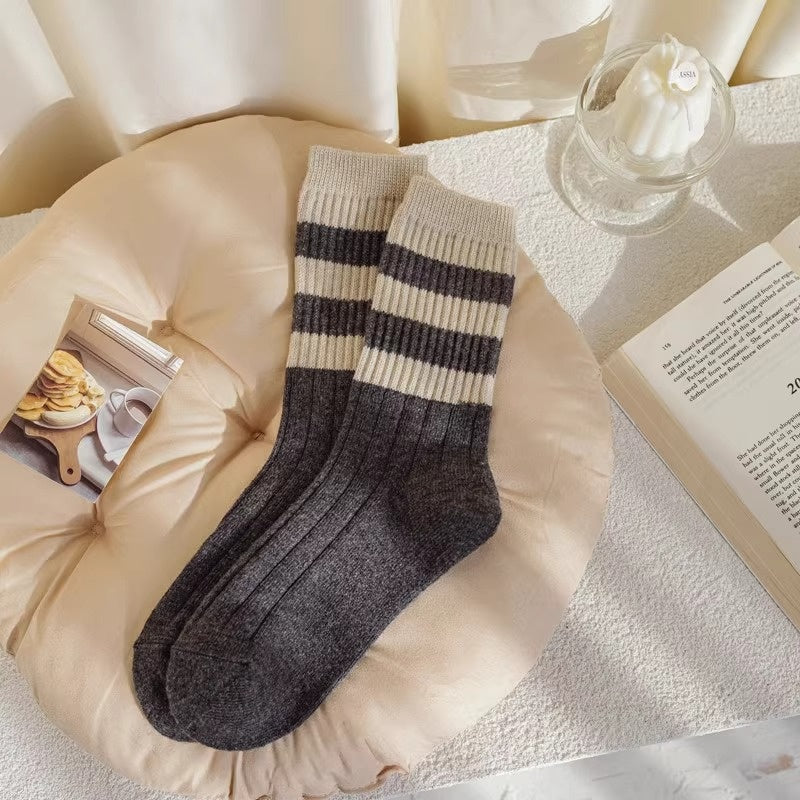 Striped All-matching Thick Warm Middle-long Stockings - Fashionner