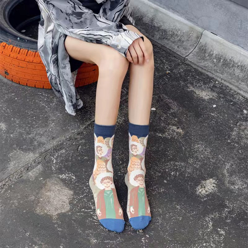 Trendy Mid-calf Length Socks Preppy Style Stockings Artistic Illustration Socks - Fashionner
