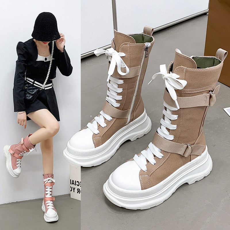 Women's Fashion Casual Platform Lace-up Canvas Boots - Fashionner