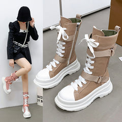 Women's Fashion Casual Platform Lace-up Canvas Boots - Fashionner