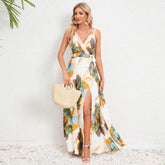V-neck Floral Print Long Dress Summer Fashion Waist Tie Slit Design Sleeveless Dress For Womens Clothing - Fashionner
