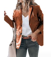 Lapel Single Breasted Solid Color PU Leather Women's Coat - Fashionner