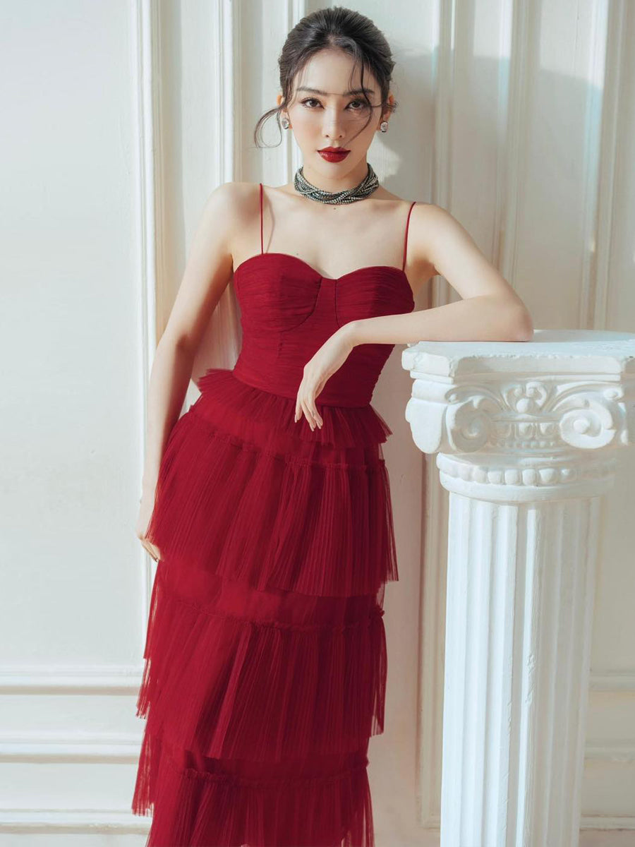 Suspender Spread Chest Temperament Dark Red Flowing Small Dress Long Skirt - Fashionner