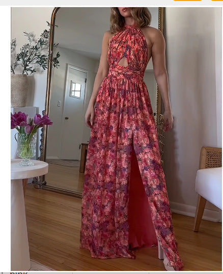 Fashion Printed Cross Collar Lace Pleated Sleeve Dress - Fashionner