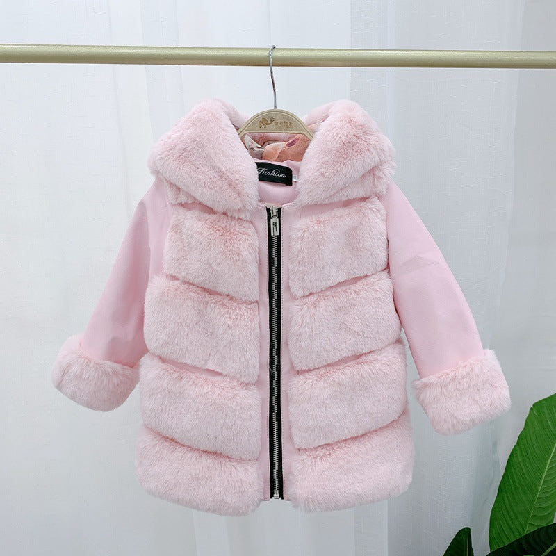Children's Cotton Coat Rex Rabbit Hooded Faux Fur Coat - Fashionner
