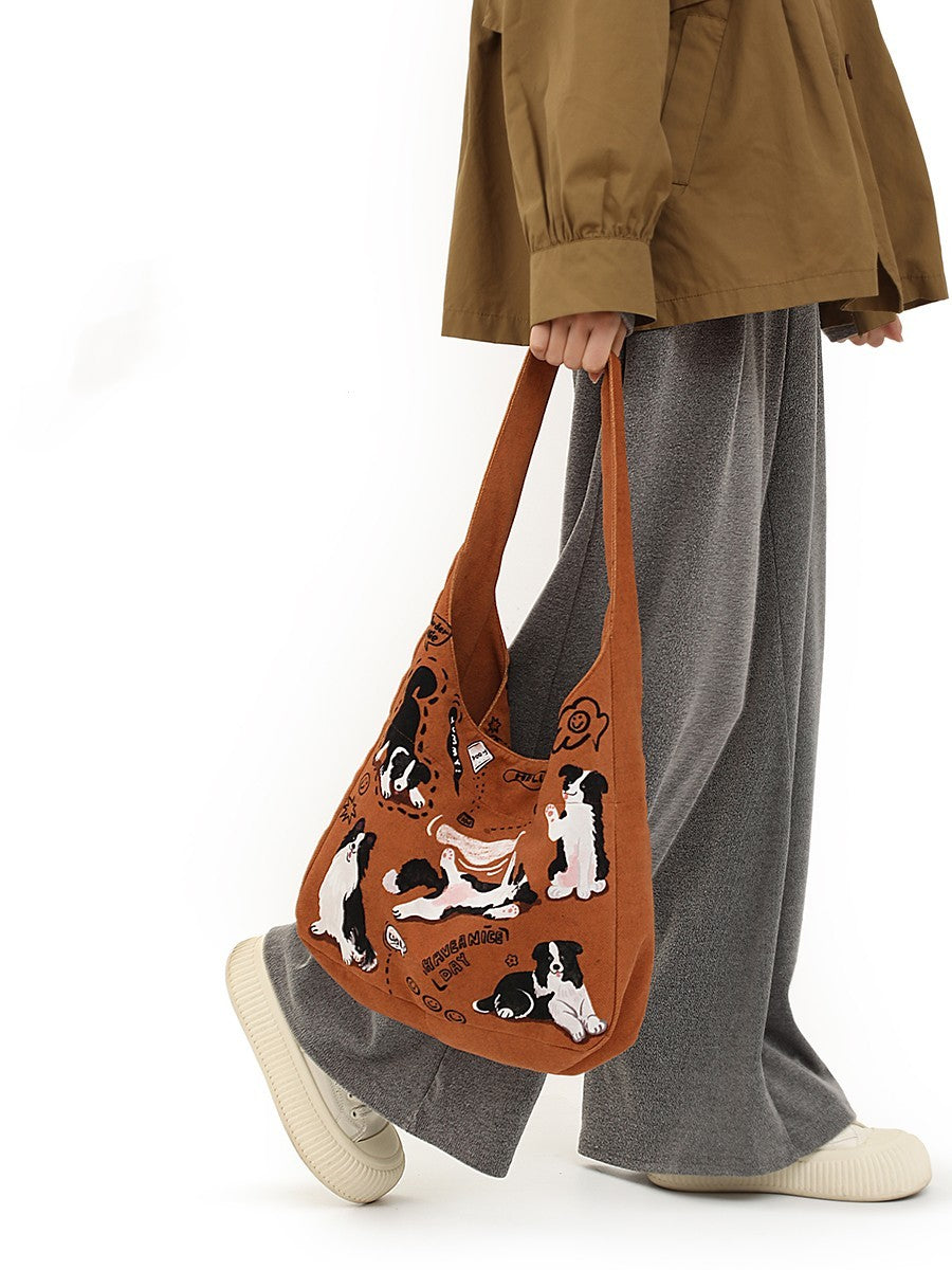 Retro Shoulder Puppy Printed Large Capacity Casual Canvas Bag - Fashionner