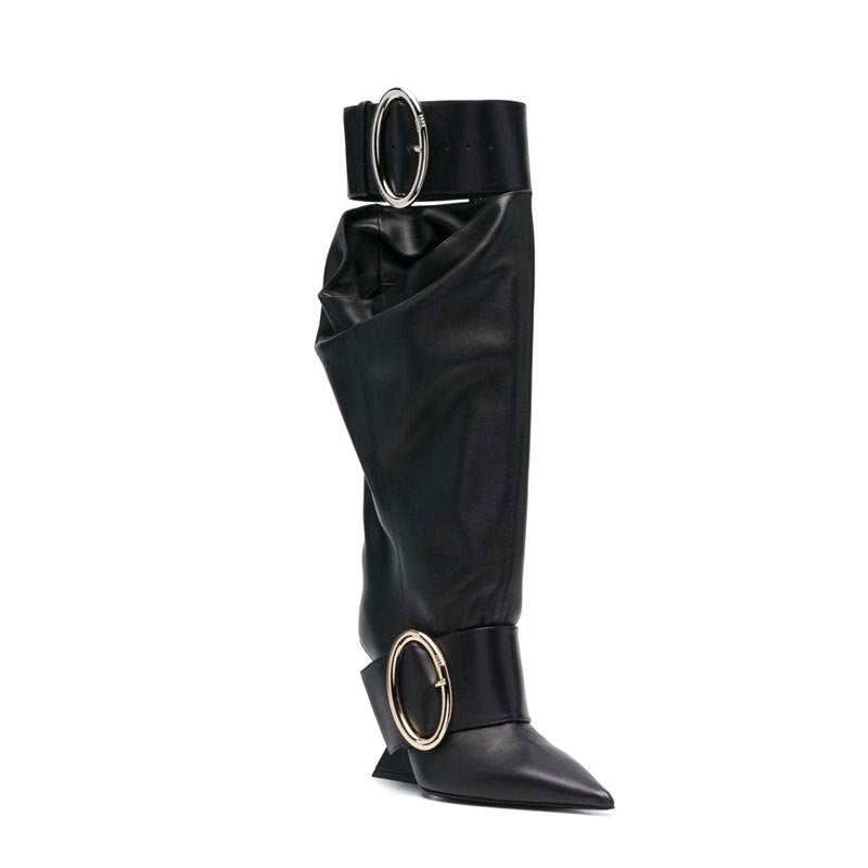 High-profile Wedge Sleeve Pointed Slip-on Strap Large Fastener Boots - Fashionner