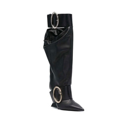 High-profile Wedge Sleeve Pointed Slip-on Strap Large Fastener Boots - Fashionner