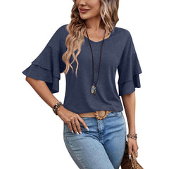 Loose V-neck Ruffle Sleeve T-shirt Fashion Solid Mid-sleeve Tops Women's Clothing