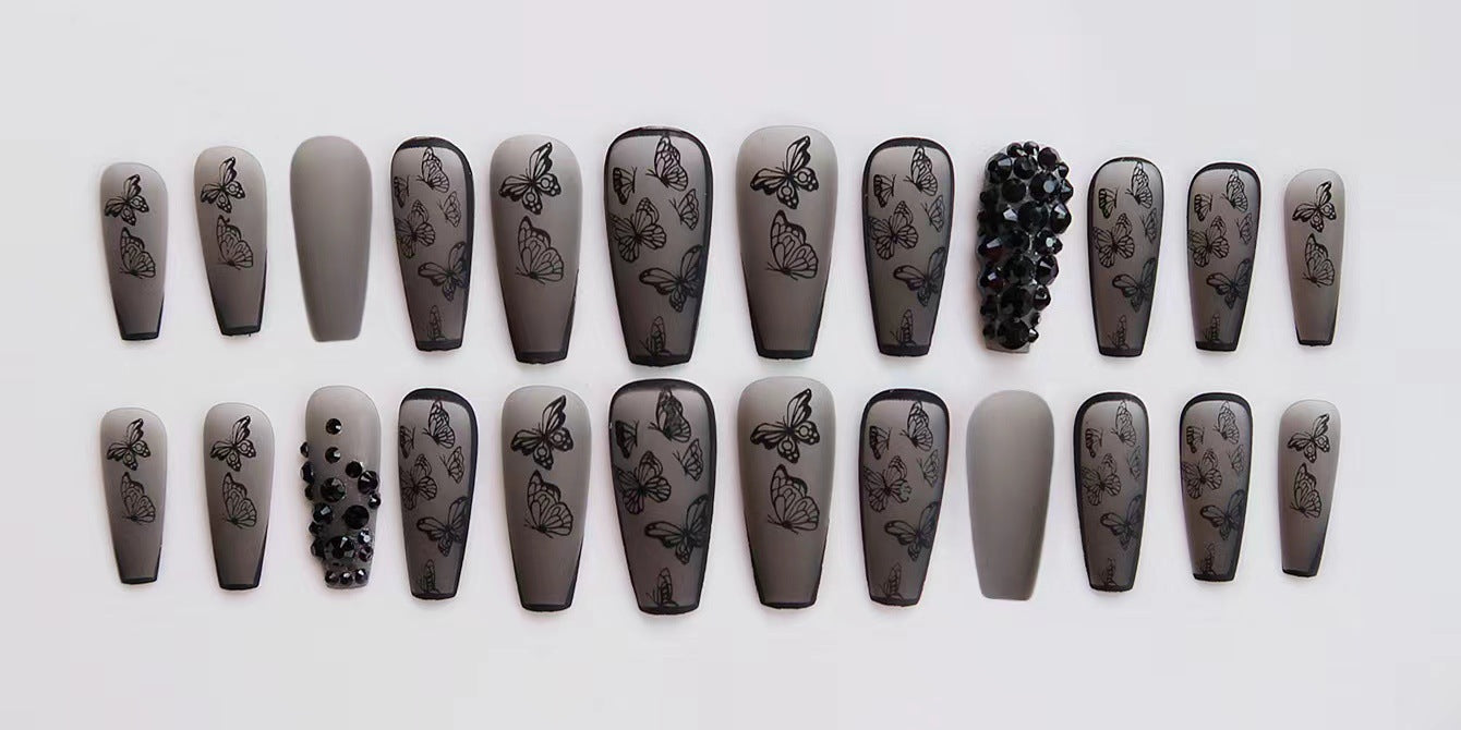 Phantom Dark Butterfly Fake Nails Long T Finished Black Frosted Removable Wear Armor - Fashionner
