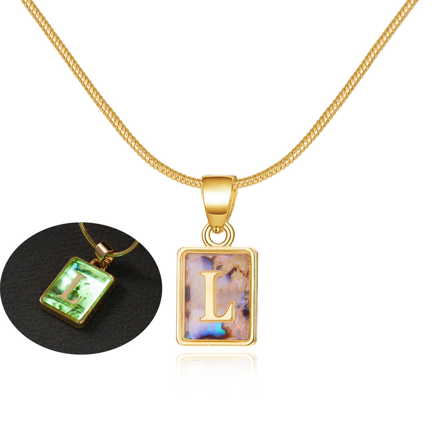 26 Letter Square Necklace Colorful Shell Luminous Pendant Chain Necklace For Women Temperament Ladies Jewelry - Fashionner