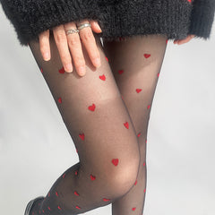 Red Small Love Stockings Ultra-thin Transparent Black Silk Polka Dot Pantyhose Anti-snagging - Fashionner