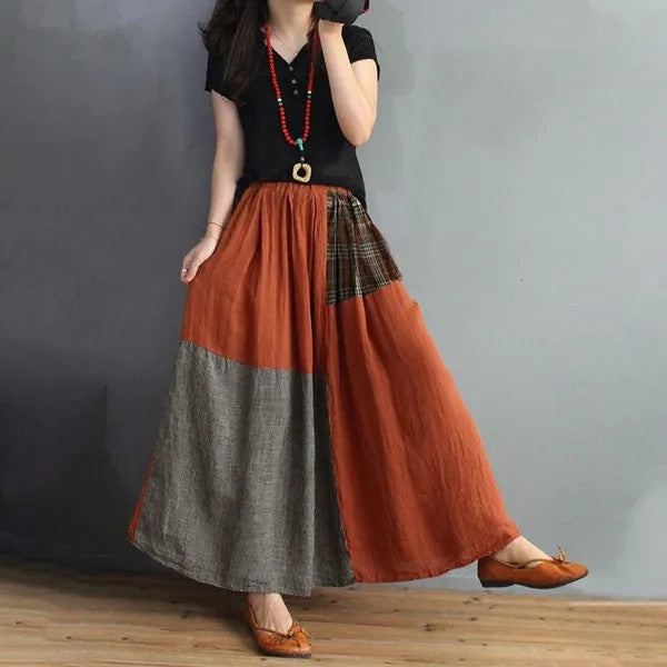 Retro Artistic Style Loose Elastic Waist Color Matching Cotton And Linen Skirt Slimming A- Line Skirt - Fashionner