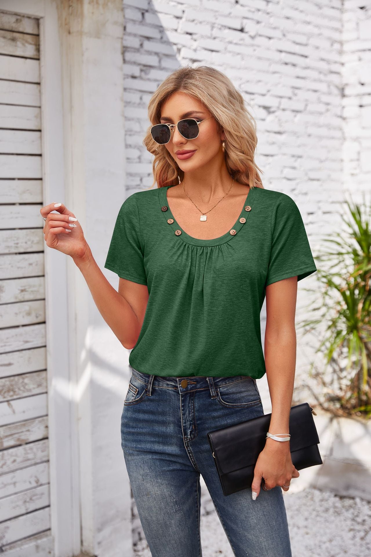 Women's Short-sleeved T-shirt Summer Button Square Collar Pleated Design Solid Color Loose T-shirt Womens Clothing - Fashionner