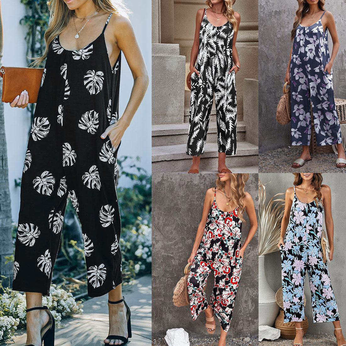 Flowers Print Suspender Jumpsuit With Pockets Spring Summer Fashion Round-neck Overalls For Womens Clothing - Fashionner