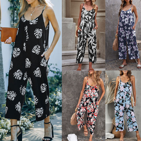 Flowers Print Suspender Jumpsuit With Pockets Spring Summer Fashion Round-neck Overalls For Womens Clothing - Fashionner