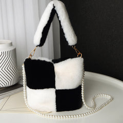 Checkerboard Plush Bucket Bag With Pearl Chain Design Winter Fashion Luxury Handbags For Women Personalized Shopping Shoulder Bags - Fashionner