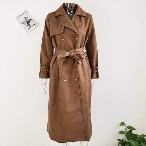 Manteau long à revers croisés avec ceinture, en suède, style vintage, vêtements d'extérieur d'hiver pour femmes