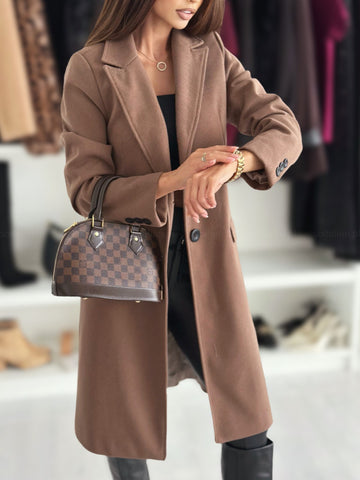 Manteau en laine à revers, simple boutonnage, manches longues, couleur unie, veste longue pour femme