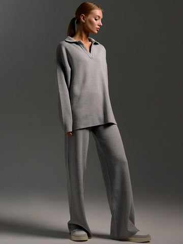 Ensemble deux pièces automne hiver pour femme, simple, ample, de couleur unie, ensemble pull col montant, mode décontractée, ensemble de sport.