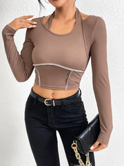 Slim fit knitted long sleeved sewing thread exposed hanging neck T-shirt fashion top - Fashionner