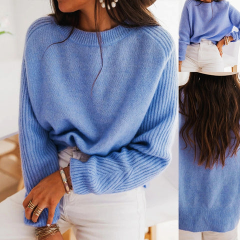 Pull en maille ras du cou à manches longues en velours côtelé bleu lait européen pour femme - Vêtements décontractés tricotés à la mode - Haut tricoté - Vêtement d'extérieur