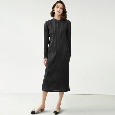 Spring Miyake Fashion Slim Fit Temperament Mid-Length Cheongsam Solid Color Stand Collar Pocket Dress Women