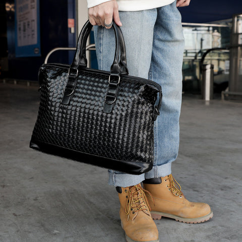 Men's Bag Leather Large Briefcase Hand Woven Luxury Handbags Business Tote Bags For Men High Quality Laptop Handbags - Fashionner