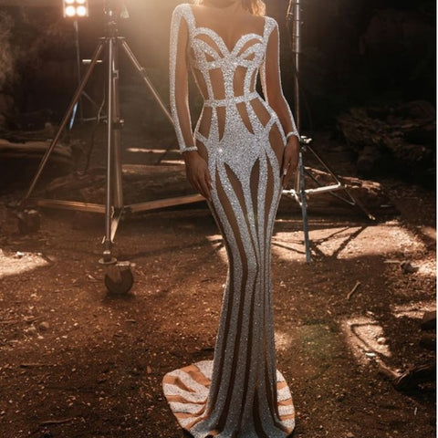 Robe de soirée sirène moulante à paillettes dorées pour femme