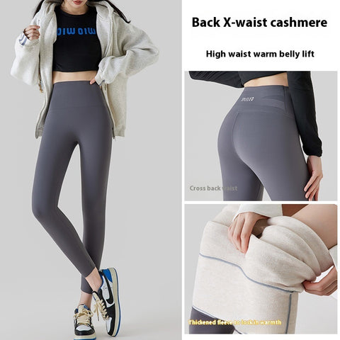 Legging Cachemire Taille Haute Hiver Chaud Uni Peluche Pantalon Mode Slim Vêtements Femme