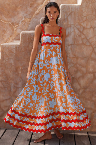 Flowers Print Wavy Pattern Suspender Long Dress For Women Fashion A-Line Beach Dresses Womens Clothing - Fashionner