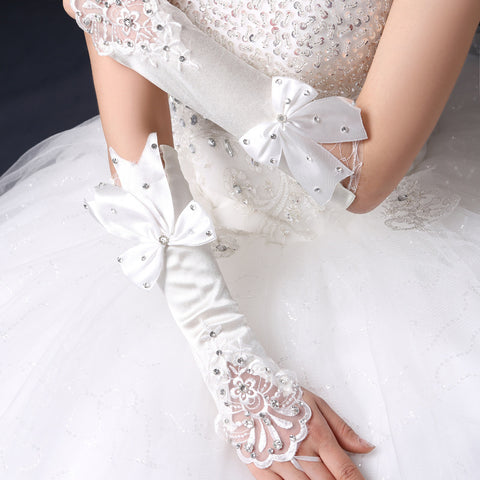 Gants de mariée de mariage Crochet Doigt Fleur Nœud Dentelle Manches Creuses