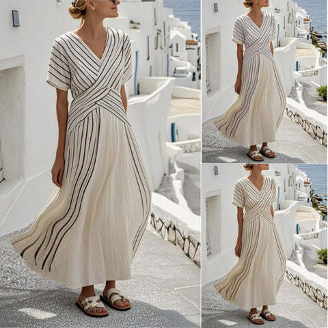 Women's Loose Fit Striped Printing Dress - Casual Cotton Blend Summer Midi Dress For Daily Wear Holiday Outfit