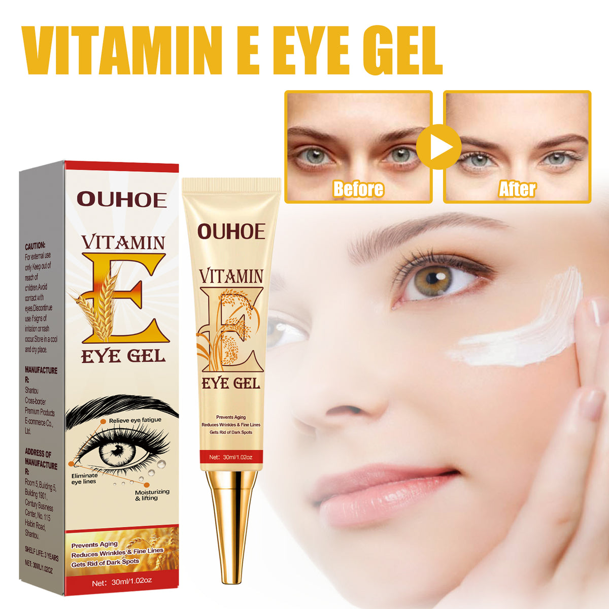 Crème Contour des Yeux à la Vitamine E, Atténue Cernes et Pattes d'Oie, Raffermit et Hydrate