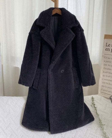 Manteau en Polaire d'Agneau à Revers avec Poches, Manteau en Fausse Fourrure Hiver Chaud Épais Long Coupe-vent Vêtements pour Femmes